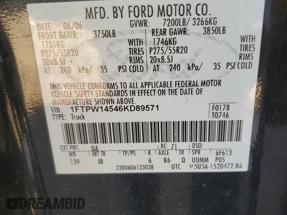 2006 Ford F-150 XLT with VIN 1FTPW14546KD89571, listed as a Copart auction lot 46845925 with 166,009 mi miles and Salvage Title. Bid and sale history available at carsss.com. Image 14.