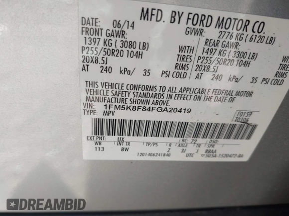 2015 Ford Explorer Limited with VIN 1FM5K8F84FGA20419, listed as a IAAI auction lot 41897990 with 230,160 mi miles and . Bid and sale history available at DreamBid. Image 9.