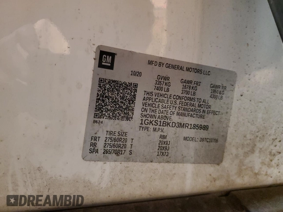 2021 GMC Yukon SLT with VIN 1GKS1BKD3MR185989, listed as a Copart auction lot 45839325 with 0 mi miles and Salvage Title. Bid and sale history available at carsss.com. Image 15.