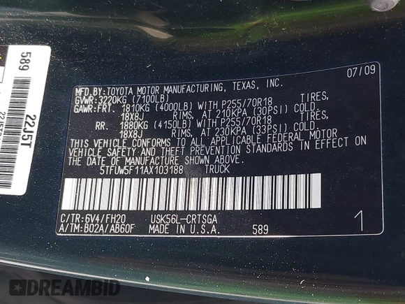 2010 Toyota Tundra z VIN 5TFUW5F11AX103188, wystawiony jako IAAI lot #39811998 z przebiegiem 198 948 mil mil oraz . Historia ofert i sprzedaży dostępna na DreamBid. Obrazek 9.