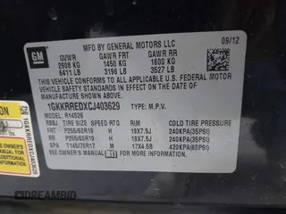 2012 GMC Acadia SLT1 with VIN 1GKKRREDXCJ403629, listed as a IAAI auction lot 42172115 with 162,520 mi miles. Bid and sale history available at carsss.com. Image 9.