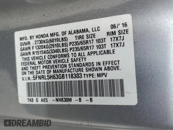 2016 Honda Odyssey EX-L with VIN 5FNRL5H63GB118303, listed as a Copart auction lot 54388465 with 94,789 mi miles and Salvage Title. Bid and sale history available at DreamBid. Image 14.