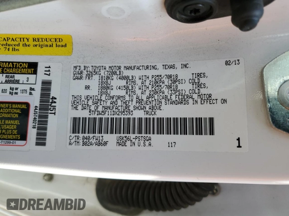 2013 Toyota Tundra z VIN 5TFDW5F11DX295393, wystawiony jako Copart lot #53049515 z przebiegiem 204 926 mil mil oraz Szkoda całkowita • Salvage title. Historia ofert i sprzedaży dostępna na DreamBid. Obrazek 12.