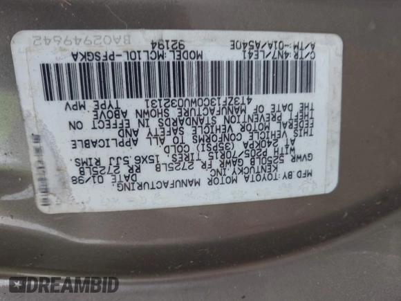 1998 Toyota Sienna LE с VIN 4T3ZF13C0WU032131, выставлен на аукционе IAAI как лот 42196782 с пробегом Не указан миль и . История ставок и продаж доступна на DreamBid. Изображение 9.