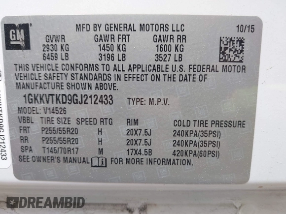 2016 GMC Acadia Denali with VIN 1GKKVTKD9GJ212433, listed as a IAAI auction lot 42028280 with 106,452 mi miles and . Bid and sale history available at DreamBid. Image 9.