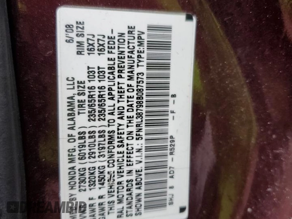 2008 Honda Odyssey EX-L with VIN 5FNRL38798B087573, listed as a Copart auction lot 51915525 with 0 mi miles and Salvage Title. Bid and sale history available at carsss.com. Image 14.