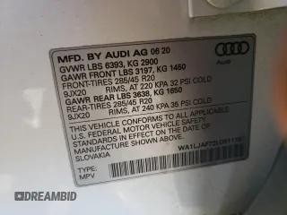 2020 Audi Q7 Premium Plus with VIN WA1LJAF72LD011187, listed as a Copart auction lot 64399252 with 32,573 mi miles and . Bid and sale history available at DreamBid. Image 10.
