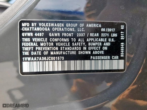 2018 Volkswagen Passat 2.0T S with VIN 1VWAA7A36JC001573, listed as a Copart auction lot 53157335 with 119,896 mi miles and Clean Title. Bid and sale history available at carsss.com. Image 12.