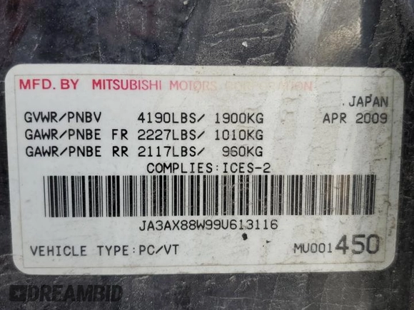 2009 Mitsubishi Lancer z VIN JA3AX88W99U613116, wystawiony jako Copart lot #58765855 z przebiegiem 256 289 mil mil oraz Czysty tytuł • Clean title. Historia ofert i sprzedaży dostępna na DreamBid. Obrazek 12.