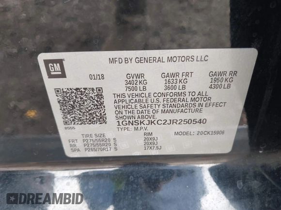 2018 Chevrolet Suburban Premier z VIN 1GNSKJKC2JR250540, wystawiony jako IAAI lot #41475451 z przebiegiem 38 751 mil mil oraz . Historia ofert i sprzedaży dostępna na DreamBid. Obrazek 9.