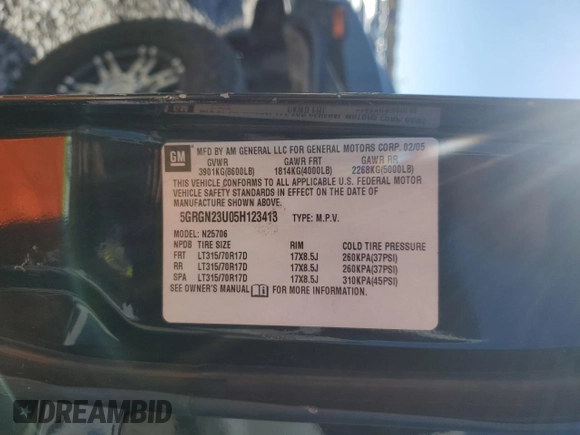 2005 Hummer H2 SUV with VIN 5GRGN23U05H123413, listed as a Copart auction lot 80145634 with 0 mi miles and Salvage Title. Bid and sale history available at carsss.com. Image 12.