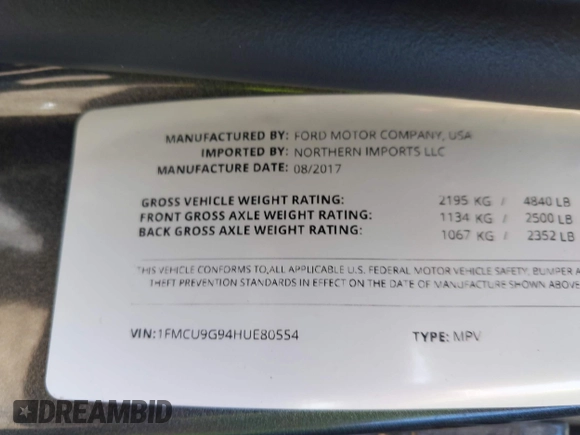 2017 Ford Escape SE with VIN 1FMCU9G94HUE80554, listed as a IAAI auction lot 42039491 with 57,145 mi miles. Bid and sale history available at carsss.com. Image 9.