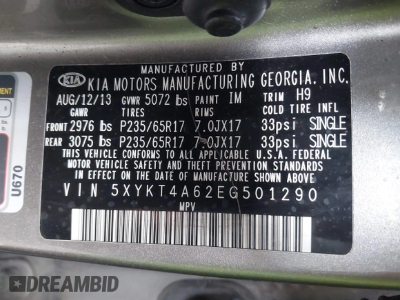 2014 Kia Sorento LX with VIN 5XYKT4A62EG501290, listed as a IAAI auction lot 41674127 with 130,772 mi miles. Bid and sale history available at carsss.com. Image 9.