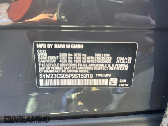 2023 BMW XM z VIN 5YM23CS05P9S15319, wystawiony jako Copart lot #44236315 z przebiegiem 14 919 mil mil oraz Czysty tytuł • Clean title. Historia ofert i sprzedaży dostępna na DreamBid. Obrazek 10.