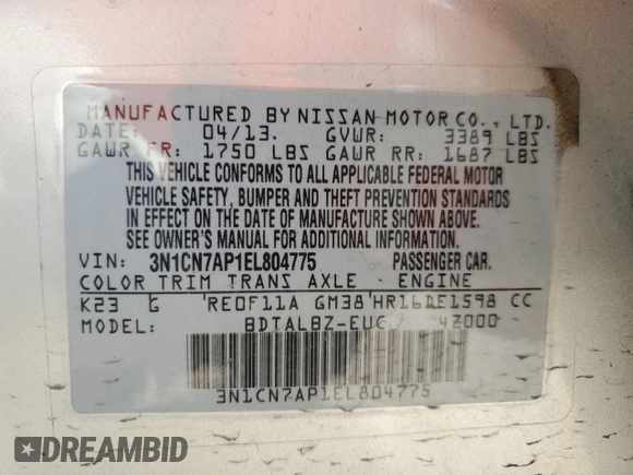 2014 Nissan Versa SV with VIN 3N1CN7AP1EL804775, listed as a Copart auction lot 52785995 with 108,094 mi miles and Salvage Title. Bid and sale history available at DreamBid. Image 13.