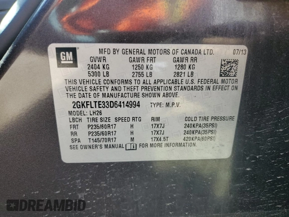 2013 GMC Terrain SLE with VIN 2GKFLTE33D6414994, listed as a Copart auction lot 49596255 with 140,953 mi miles and Salvage Title. Bid and sale history available at DreamBid. Image 13.