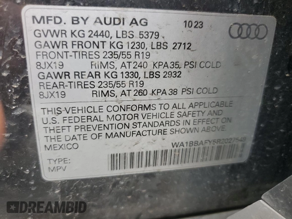 2024 Audi Q5 Premium Plus z VIN WA1BBAFY5R2027549, wystawiony jako Copart lot #55025835 z przebiegiem 31 779 mil mil oraz Szkoda całkowita • Salvage title. Historia ofert i sprzedaży dostępna na DreamBid. Obrazek 14.