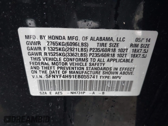 2014 Honda Pilot Touring with VIN 5FNYF4H91EB055741, listed as a IAAI auction lot 42006752 with 222,308 mi miles and . Bid and sale history available at carsss.com. Image 9.