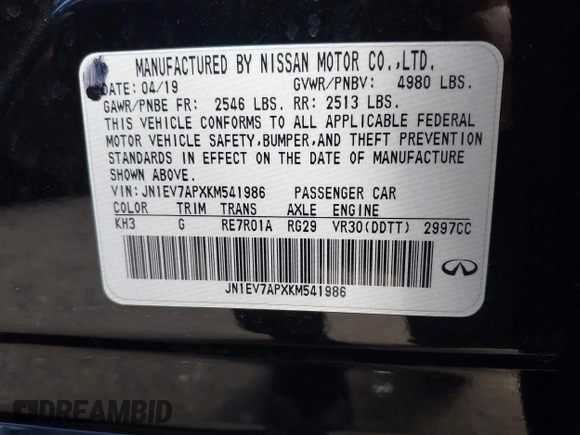 2019 Infiniti Q50 3.0t LUXE with VIN JN1EV7APXKM541986, listed as a IAAI auction lot 41571394 with 37,304 mi miles. Bid and sale history available at carsss.com. Image 9.