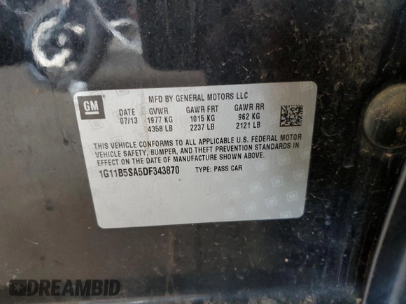 2013 Chevrolet Malibu LS with VIN 1G11B5SA5DF343870, listed as a Copart auction lot 56257585 with 163,659 mi miles and Clean Title. Bid and sale history available at DreamBid. Image 12.