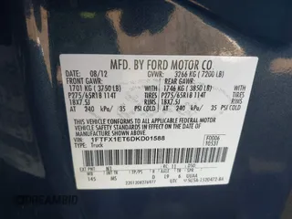 2013 Ford F-150 XL with VIN 1FTFX1ET6DKD01588, listed as a IAAI auction lot 40844069 with 190,583 mi miles and . Bid and sale history available at DreamBid. Image 9.
