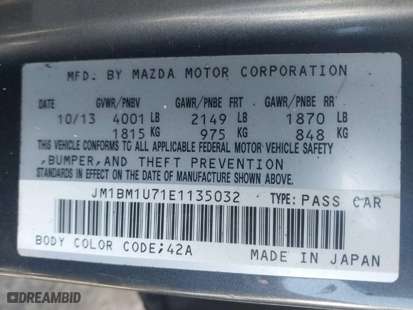 2014 Mazda Mazda3 i Sport with VIN JM1BM1U71E1135032, listed as a IAAI auction lot 41787985 with 222,981 mi miles. Bid and sale history available at carsss.com. Image 9.