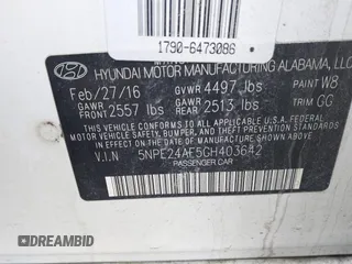 2016 Hyundai Sonata 2.4L with VIN 5NPE24AF5GH403642, listed as a IAAI auction lot 41877194 with 147,457 mi miles and . Bid and sale history available at carsss.com. Image 9.
