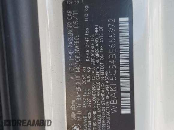 2011 BMW 3 Series 328i xDrive with VIN WBAKF5C54BE655972, listed as a Copart auction lot 58771135 with Not provided miles and Clean title. Bid and sale history available at DreamBid. Image 12.