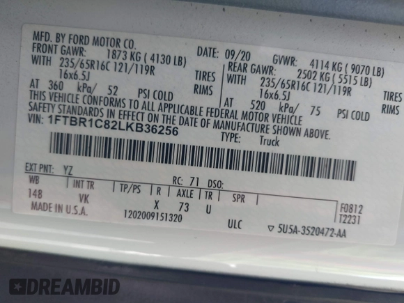 2020 Ford Transit Cargo with VIN 1FTBR1C82LKB36256, listed as a IAAI auction lot 41464921 with 111,024 mi miles and . Bid and sale history available at DreamBid. Image 9.