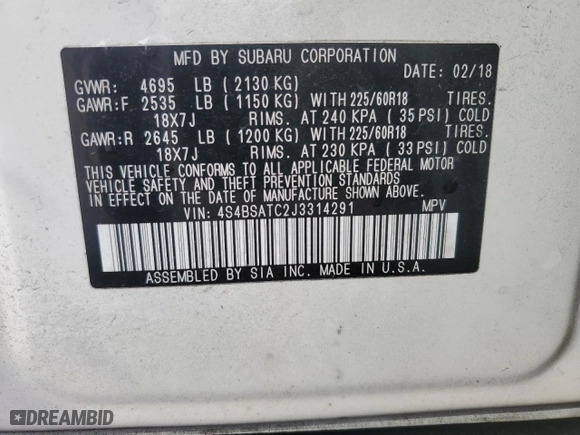 2018 Subaru Outback Touring with VIN 4S4BSATC2J3314291, listed as a Copart auction lot 46921185 with 77,393 mi miles and Salvage Title. Bid and sale history available at carsss.com. Image 12.