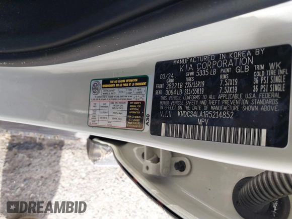2024 Kia EV6 Wind with VIN KNDC34LA1R5214852, listed as a IAAI auction lot 41818262 with 14,950 mi miles and . Bid and sale history available at DreamBid. Image 9.