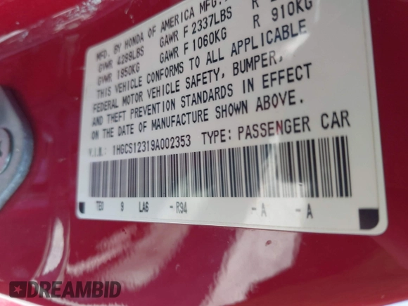 2009 Honda Accord LX-S with VIN 1HGCS12319A002353, listed as a IAAI auction lot 42132815 with 166,059 mi miles and . Bid and sale history available at DreamBid. Image 9.