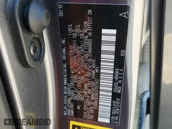2012 Toyota Highlander Limited with VIN 5TDDK3EH5CS157343, listed as a Copart auction lot 54946205 with 146,654 mi miles and Salvage title. Bid and sale history available at DreamBid. Image 13.