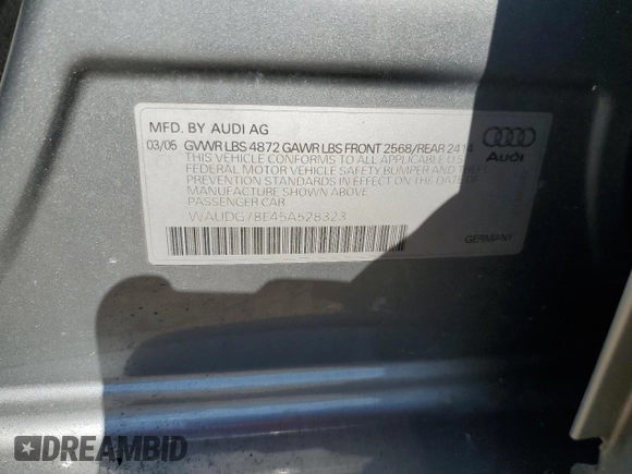2005 Audi A4 3.2L with VIN WAUDG78E45A528323, listed as a Copart auction lot 78052334 with 189,435 mi miles and Salvage Title. Bid and sale history available at carsss.com. Image 12.