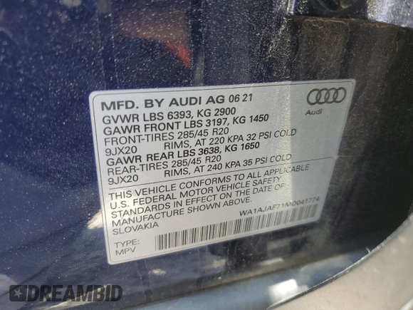 2021 Audi Q7 Premium with VIN WA1AJAF71MD041774, listed as a Copart auction lot 56676145 with 46,500 mi miles and Salvage title. Bid and sale history available at DreamBid. Image 14.