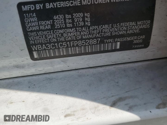 2015 BMW 3 Series 328i with VIN WBA3C1C51FP852887, listed as a Copart auction lot 58882695 with 146,823 mi miles and Salvage title. Bid and sale history available at DreamBid. Image 12.