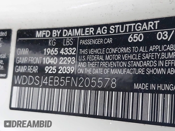 2015 Mercedes-Benz CLA 250 with VIN WDDSJ4EB5FN205578, listed as a IAAI auction lot 41669454 with 112,017 mi miles and . Bid and sale history available at DreamBid. Image 9.