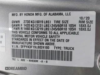 2020 Honda Ridgeline Sport with VIN 5FPYK3F19LB024180, listed as a IAAI auction lot 42399195 with 42,129 mi miles and . Bid and sale history available at DreamBid. Image 9.