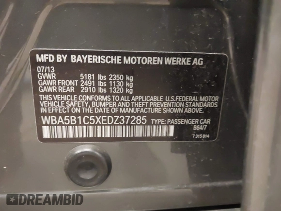 2014 BMW 5 Series 535i with VIN WBA5B1C5XEDZ37285, listed as a IAAI auction lot 41549548 with 111,225 mi miles and . Bid and sale history available at DreamBid. Image 9.