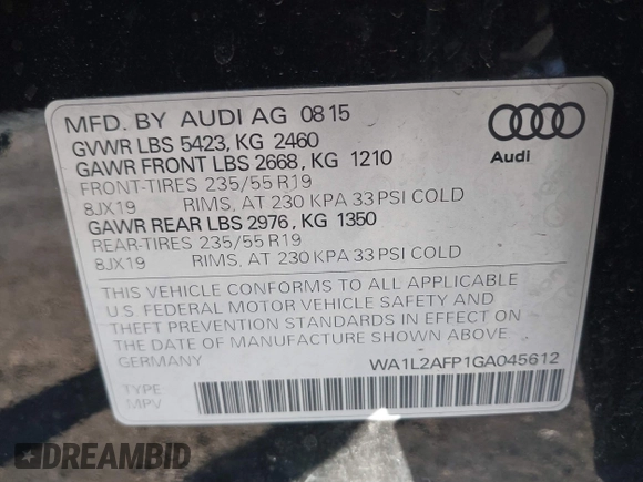 2016 Audi Q5 Premium Plus with VIN WA1L2AFP1GA045612, listed as a IAAI auction lot 41717575 with 130,442 mi miles. Bid and sale history available at carsss.com. Image 9.