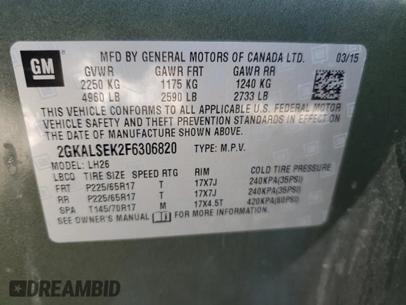 2015 GMC Terrain SLT with VIN 2GKALSEK2F6306820, listed as a Copart auction lot 43334804 with 68,359 mi miles and Salvage title. Bid and sale history available at DreamBid. Image 15.