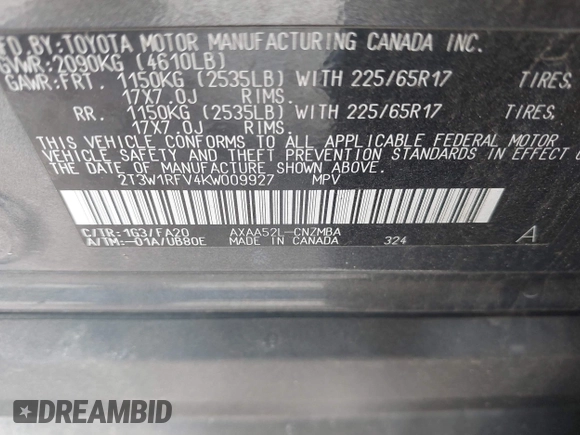 2019 Toyota RAV4 XLE with VIN 2T3W1RFV4KW009927, listed as a IAAI auction lot 41904194 with 46,863 mi miles and . Bid and sale history available at DreamBid. Image 9.