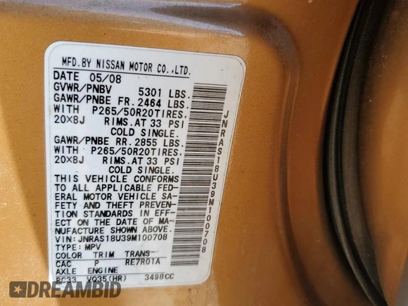 2009 Infiniti FX with VIN JNRAS18U39M100708, listed as a Copart auction lot 48199895 with 278,493 mi miles and Salvage title. Bid and sale history available at DreamBid. Image 15.