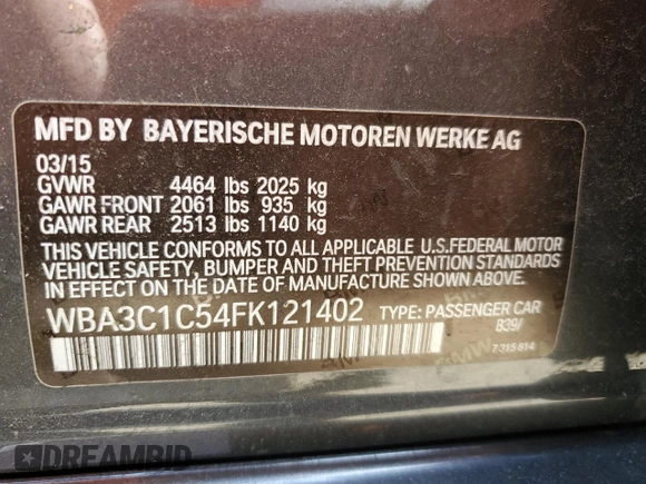 2015 BMW 3 Series 328i with VIN WBA3C1C54FK121402, listed as a Copart auction lot 50267995 with 43,994 mi miles and Salvage Title. Bid and sale history available at carsss.com. Image 13.