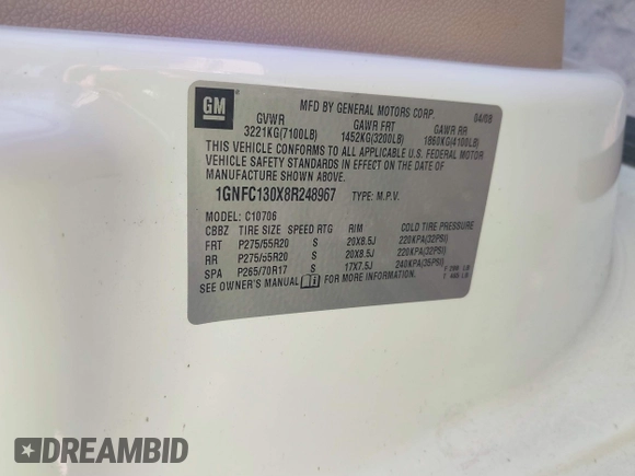 2008 Chevrolet Tahoe 3LT with VIN 1GNFC130X8R248967, listed as a IAAI auction lot 41778930 with 244,625 mi miles and . Bid and sale history available at DreamBid. Image 9.