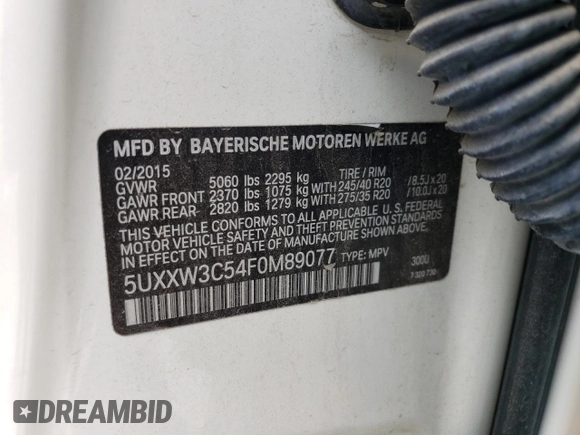 2015 BMW X4 xDrive28i with VIN 5UXXW3C54F0M89077, listed as a Copart auction lot 62282333 with 126,467 mi miles. Bid and sale history available at carsss.com. Image 12.