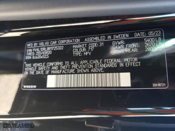 2024 Volvo XC60 Plus Dark Theme with VIN YV4L12RL8R1725322, listed as a Copart auction lot 49316215 with 45,381 mi miles and Salvage Title. Bid and sale history available at carsss.com. Image 15.
