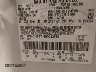 2011 Ford Escape Limited with VIN 1FMCU9E71BKC22769, listed as a IAAI auction lot 41213798 with 302,602 mi miles and . Bid and sale history available at DreamBid. Image 9.