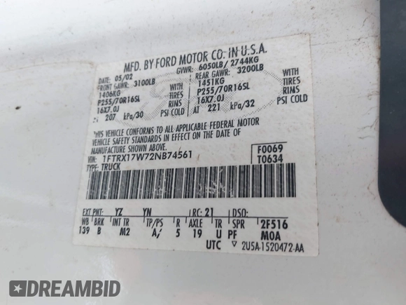 2002 Ford F-150 XL z VIN 1FTRX17W72NB74561, wystawiony jako IAAI lot #41638886 z przebiegiem Nie podano mil oraz . Historia ofert i sprzedaży dostępna na DreamBid. Obrazek 9.