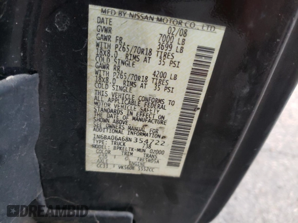 2008 Nissan Titan SE with VIN 1N6BA06A68N354722, listed as a Copart auction lot 86908464 with 84,564 mi miles and Salvage Title. Bid and sale history available at carsss.com. Image 12.